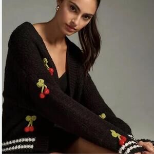 Anthropologie Black Sweater with Red and Green Accents